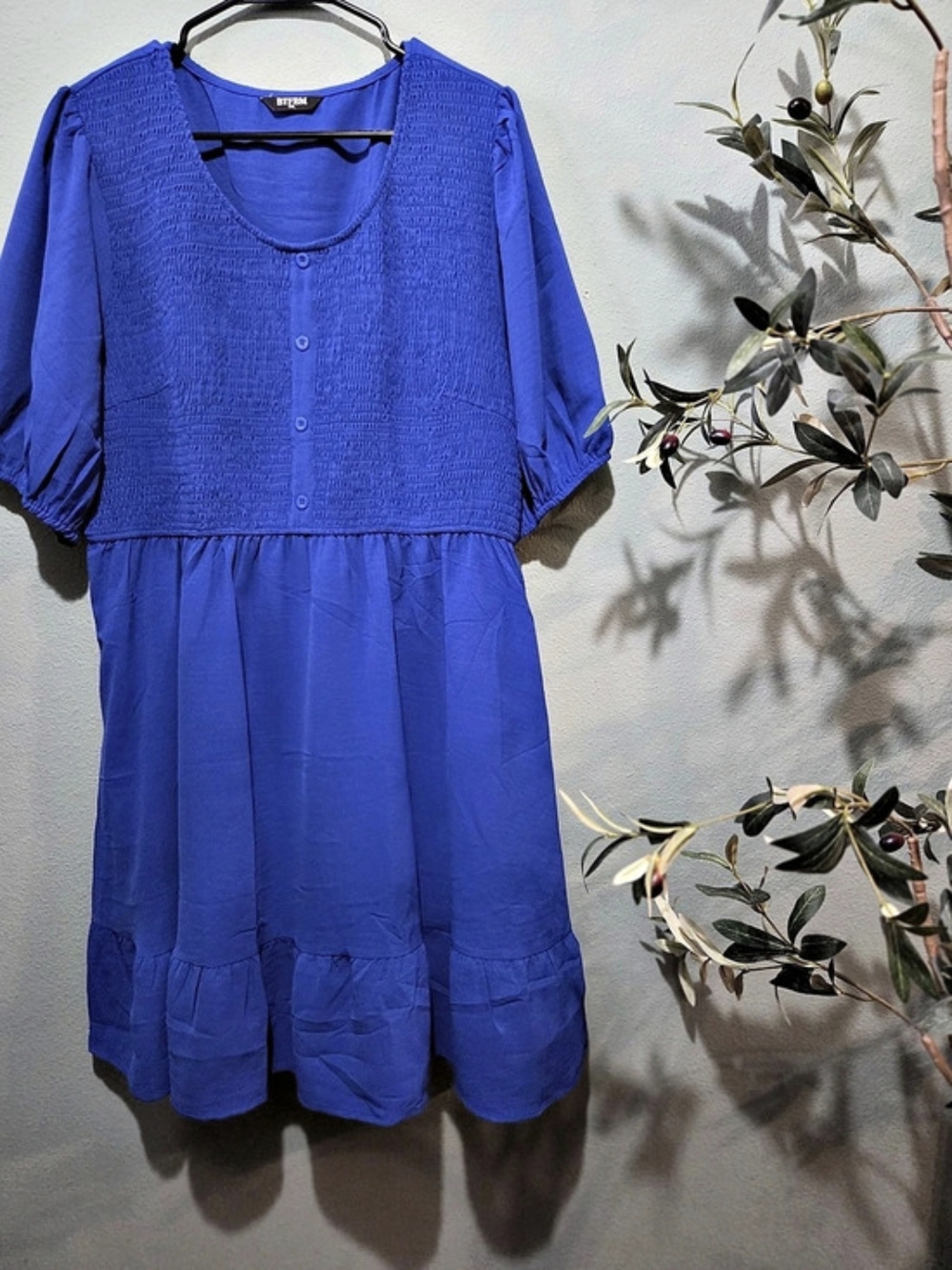 BTFBM Women's Smocked Short Sleeve Tiered Mini Dress Blue XXL